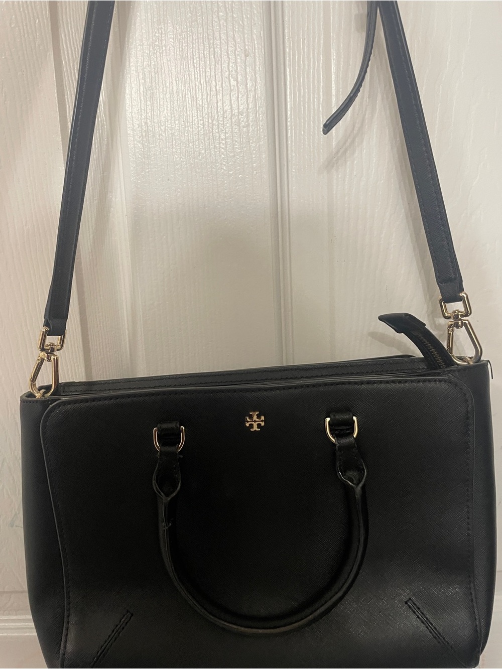 Tory Burch Black Leather Structured Satchel with Gold Hardware